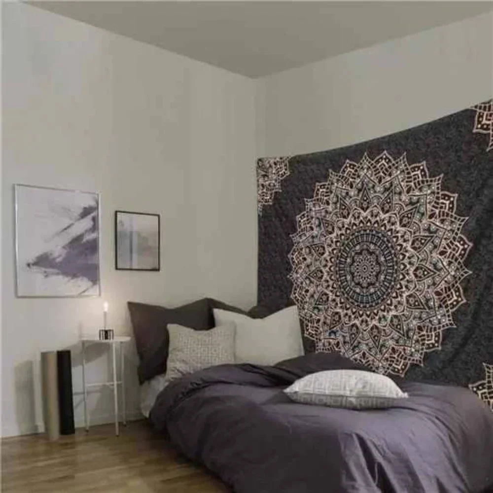 Black Mandala Tapestry WallHanging Psychedelic Aesthetic Indian Hippie WallDecor